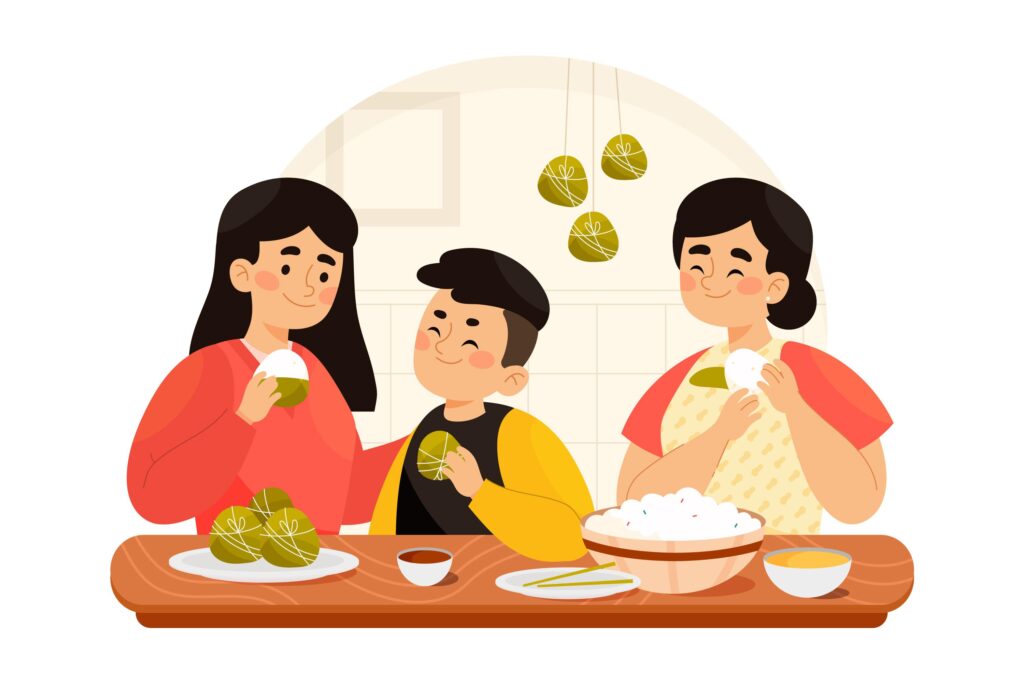 Ibu, kakak dan adik sedang makan gambar ilustrasi